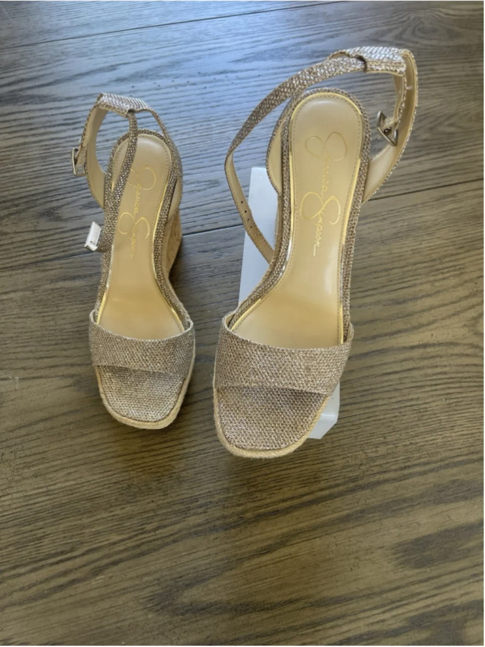 Jessica Simpson Women’s Beige Glitter Wedge Sandals Ankle Strap Buckle 7.5